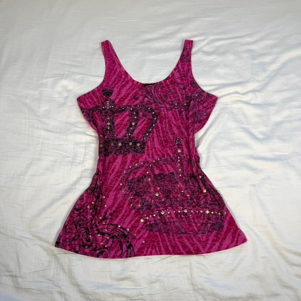 Vintage y2k magenta & black sparkly crown grunge emo tank top
